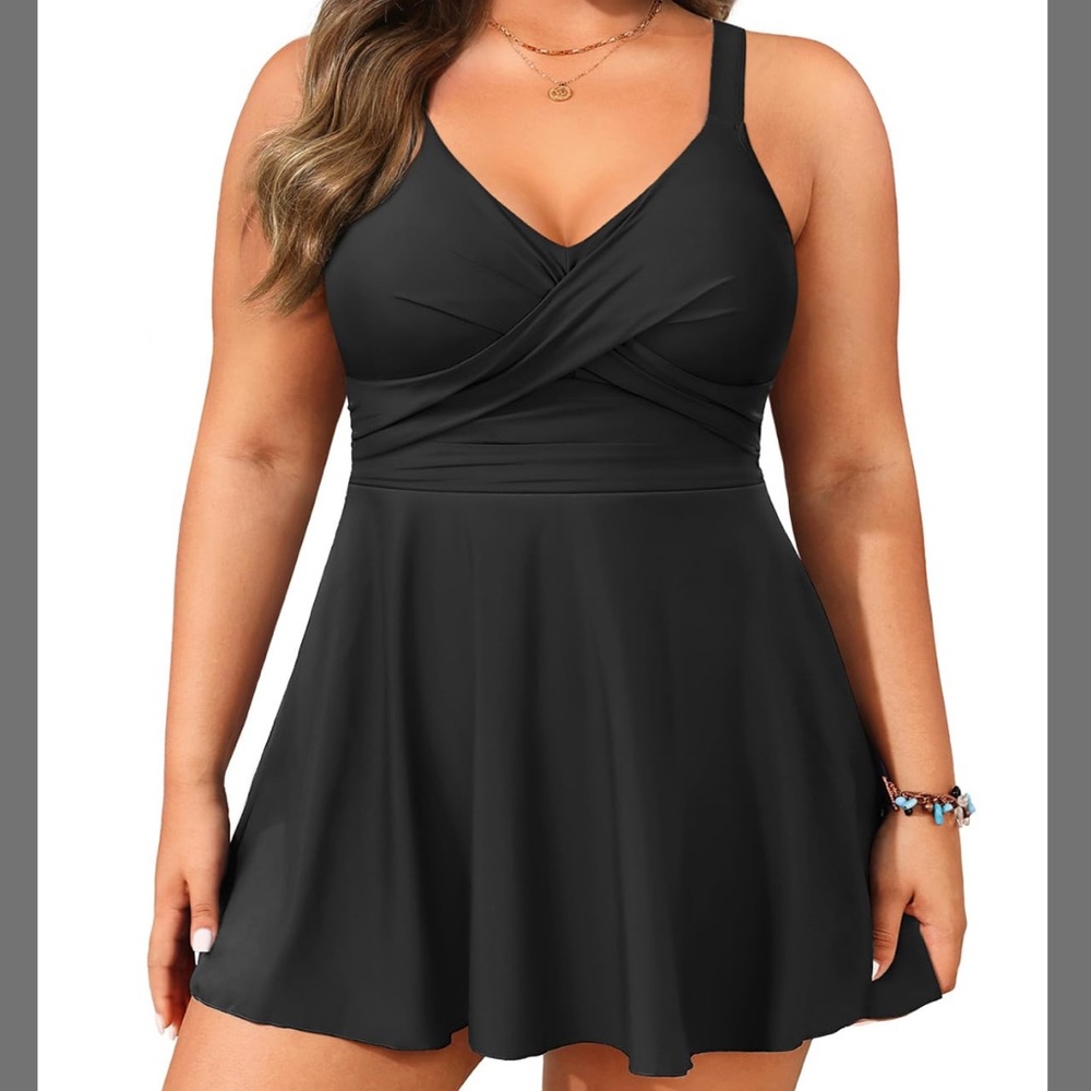 Aqua Eve Black Swim Dress Tankini Set – Tummy Control + Shorts 26W NWT